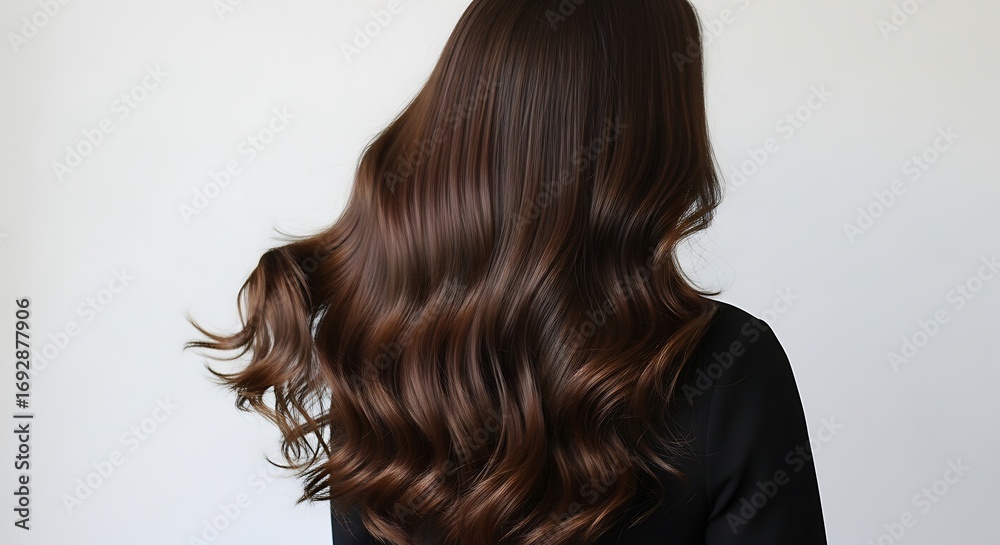 Fototapeta premium Woman with long, wavy, dark brown hair against a white background