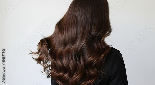Woman with long, wavy, dark brown hair against a white background