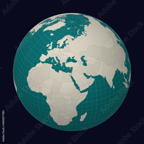 State of Israel on the map. Globe centered to Israel. Country location on the world map. Teal Pale Mint color palette. Globe with countries, meridians and parallels. Alive vector illustration.