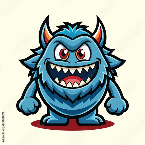 Furry blue monster with sharp teeth and horns grinning widely