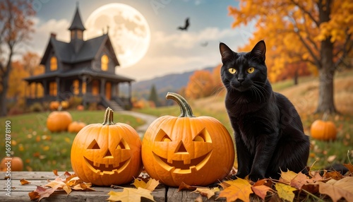 Black cat sits by jack-o'-lanterns in autumnal scene