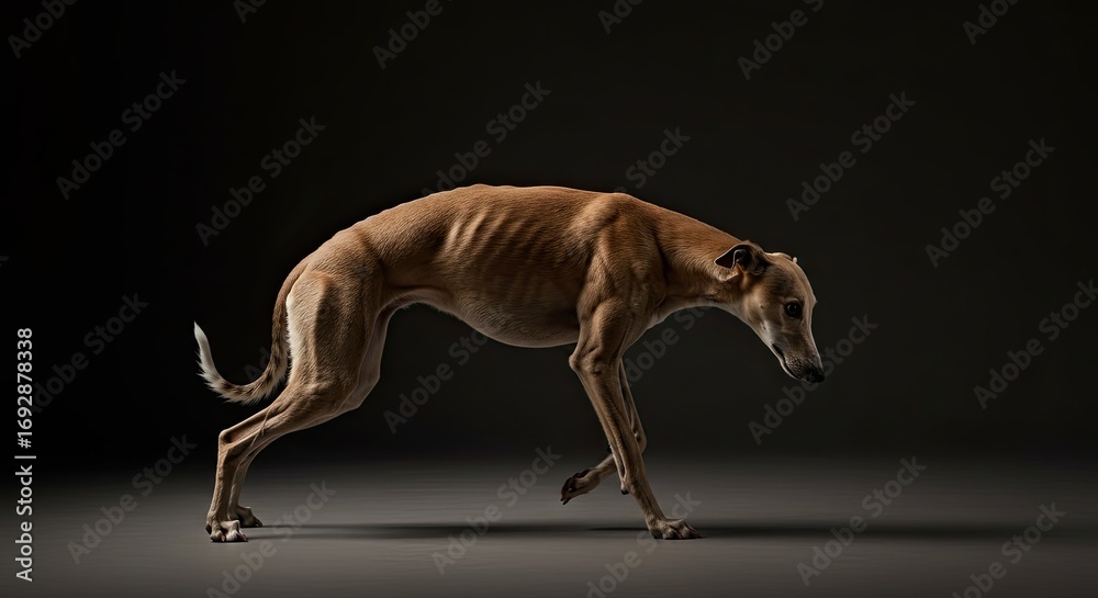 Fototapeta premium Alert Brown Dog Walking Gracefully on Dark Background