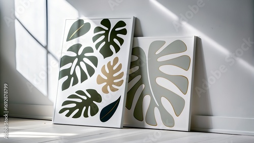 stylish green beige monstera leaf canvas wall art illustration