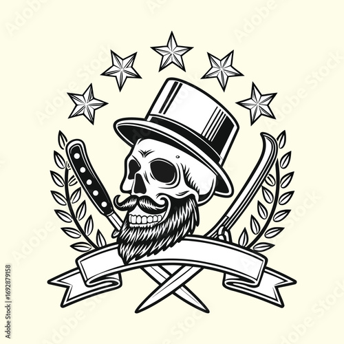 Vintage Skull Illustration with Top Hat, Mustache, Beard, and Straight Razor Emblem, Classic Barber Style, Retro Skull Logo Design, Hipster Grooming and Barbershop Artwork