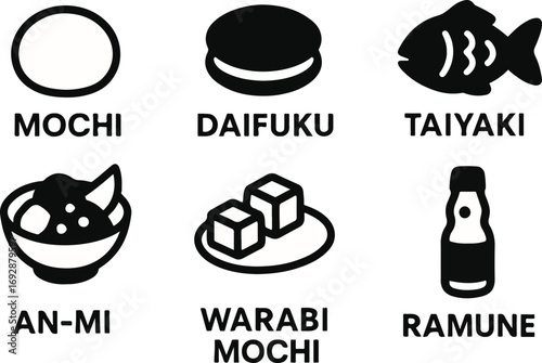 Six black and white icons illustrating various Japanese traditional sweets and a beverage, including mochi, daifuku, taiyaki, an-mi, warabi mochi, and ramune.
