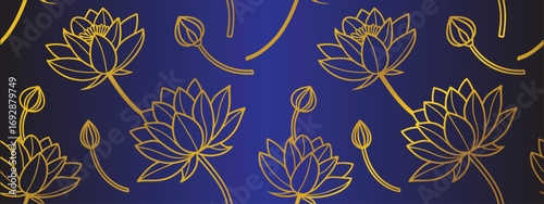 Elegant golden lotus flower seamless pattern on deep blue background. Luxury floral decorative design for wallpaper, textile, and background. Stylish ornamental lotus motif artwork.