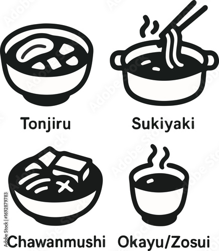 Four black and white icons illustrating popular Japanese dishes: Tonjiru, Sukiyaki, Chawanmushi, and Okayu/Zosui.