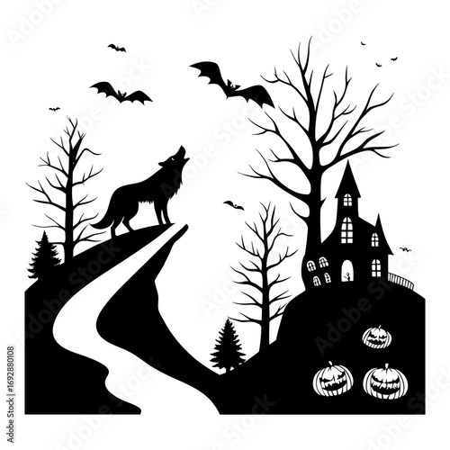 Halloween illustration, ghostly night sky, spooky, scary, haunted, haunted house, haunted church, ghost,