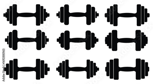 a grid of black dumbbells arranged neatly in rows