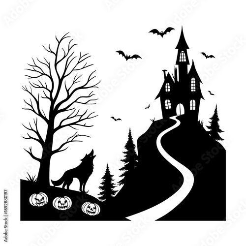 Halloween illustration, ghostly night sky, spooky, scary, haunted, haunted house, haunted church, ghost,