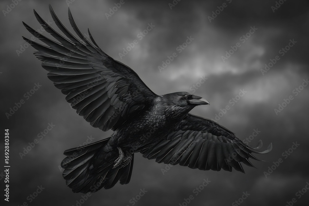 Obraz premium Ultra realistic crow flying against stormy sky selective color wings highlighting deep black feathers dramatic wildlife capture