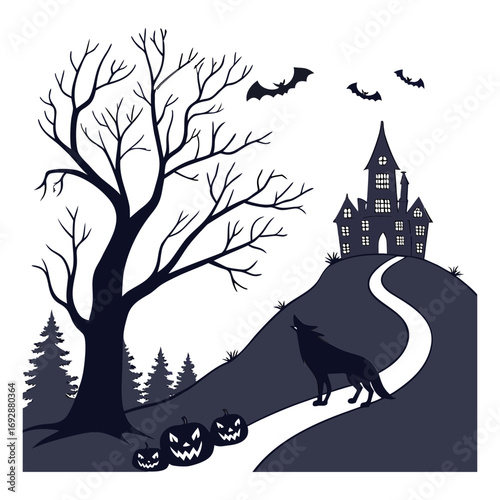 Halloween illustration, ghostly night sky, spooky, scary, haunted, haunted house, haunted church, ghost,