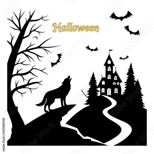Halloween illustration, ghostly night sky, spooky, scary, haunted, haunted house, haunted church, ghost,