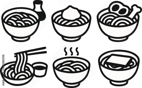 A collection of six black and white line art illustrations depicting various bowls of noodles with different toppings and accompaniments.