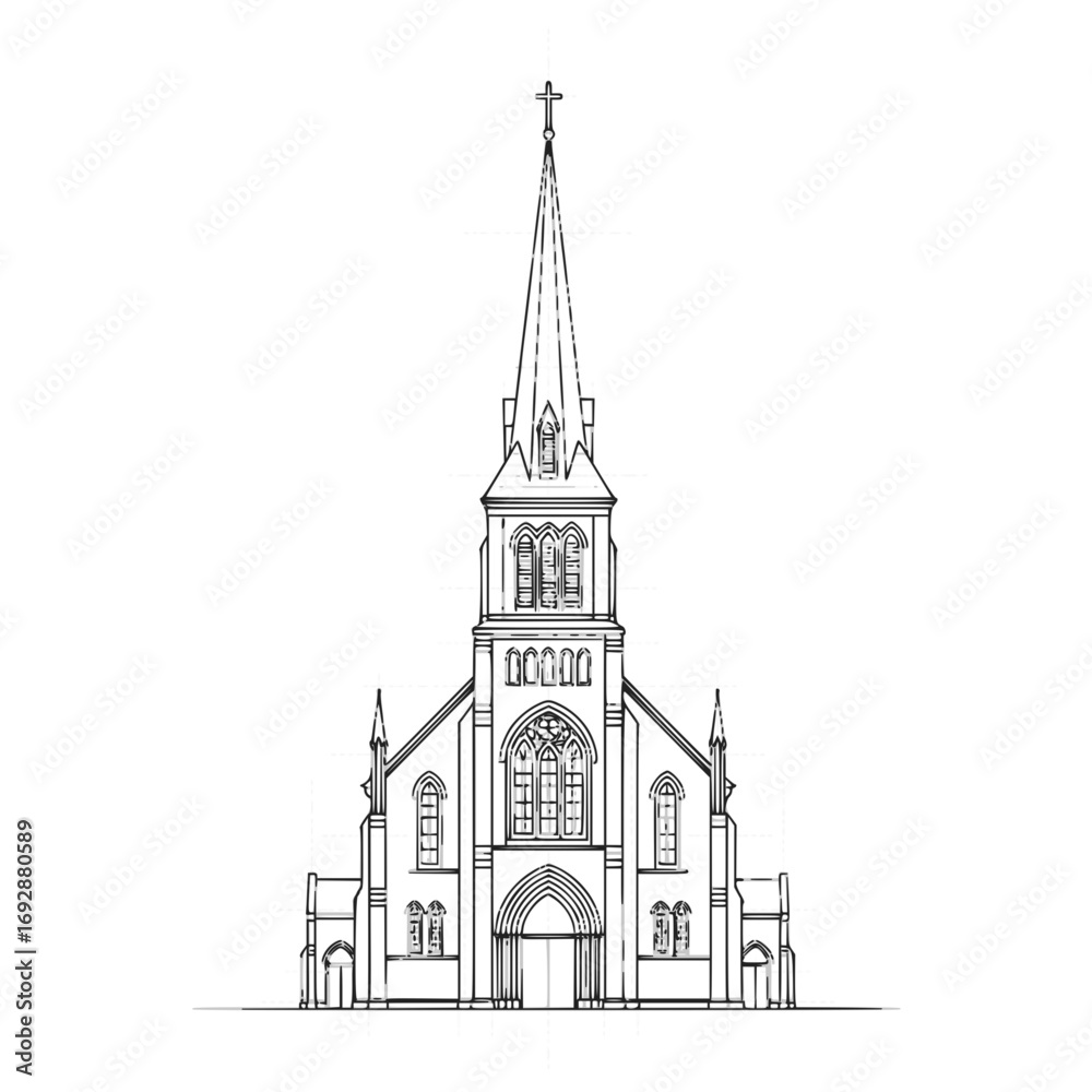 Obraz premium Church building sketch, in black and white, for religious websites