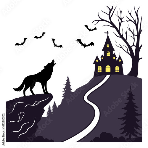 Halloween illustration, ghostly night sky, spooky, scary, haunted, haunted house, haunted church, ghost,