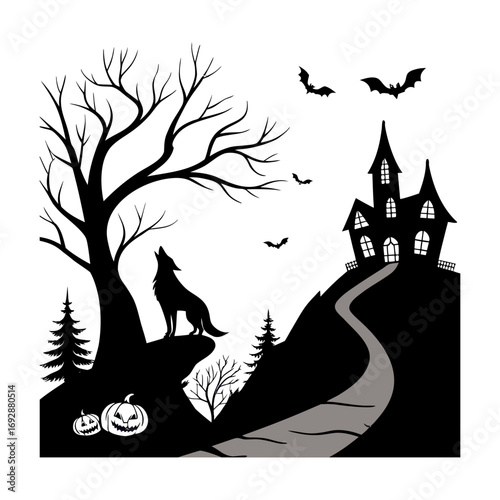 Halloween illustration, ghostly night sky, spooky, scary, haunted, haunted house, haunted church, ghost,
