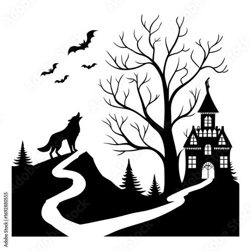 Halloween illustration, ghostly night sky, spooky, scary, haunted, haunted house, haunted church, ghost,