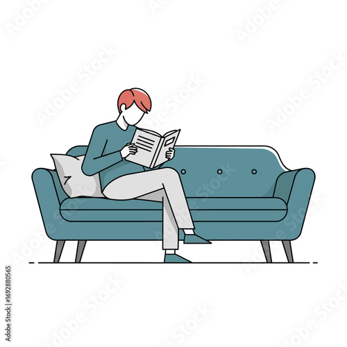 Illustration of a person with red hair reading a book while sitting on a blue couch with a pillow
