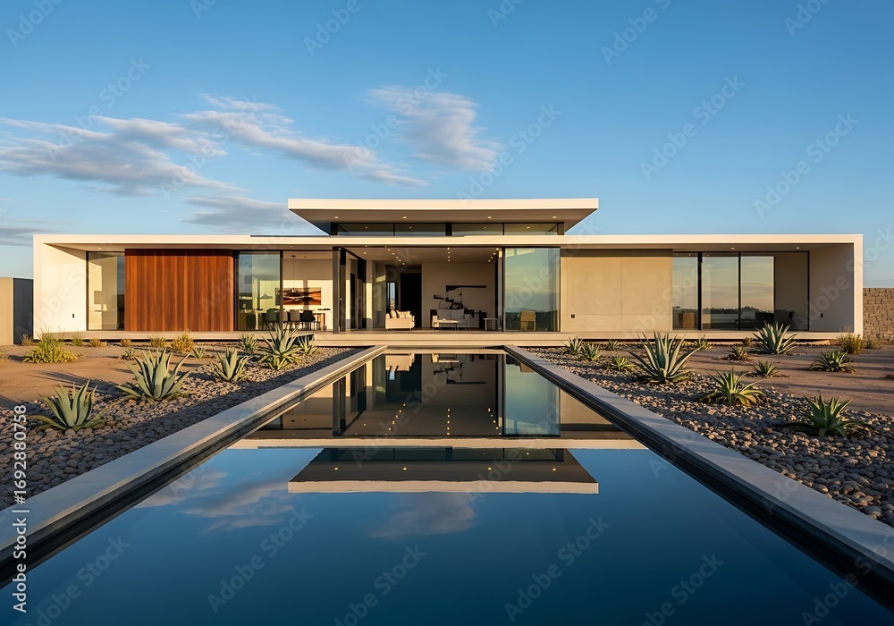 Obraz premium Architectural marvel showcasing modern design with a refreshing pool and serene desert landscape under clear skies