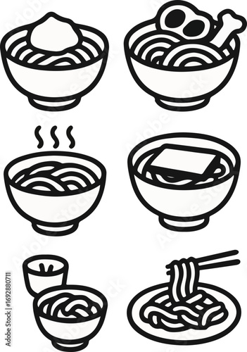 Create a detailed description (6-180 characters) without keywords.     *   "A collection of six black and white line art illustrations depicting various nood...