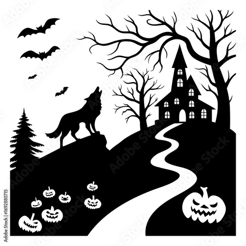 Halloween illustration, ghostly night sky, spooky, scary, haunted, haunted house, haunted church, ghost,