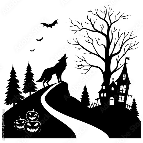 Halloween illustration, ghostly night sky, spooky, scary, haunted, haunted house, haunted church, ghost,