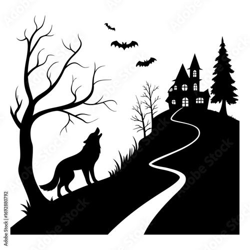 Halloween illustration, ghostly night sky, spooky, scary, haunted, haunted house, haunted church, ghost,