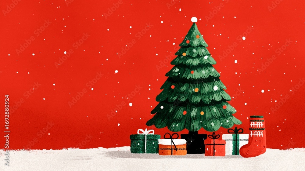 Obraz premium A cute Christmas tree, presents, and socks on a red background, in a simple, flat illustration style with minimalist details, a vector graphic design.