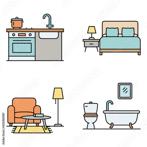 Four rooms illustration showing kitchen bedroom living room and bathroom with simple line art style
