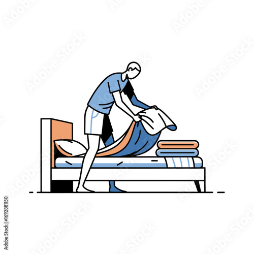 Man making bed with blue and white striped sheets and orange accents in a minimalist style drawing