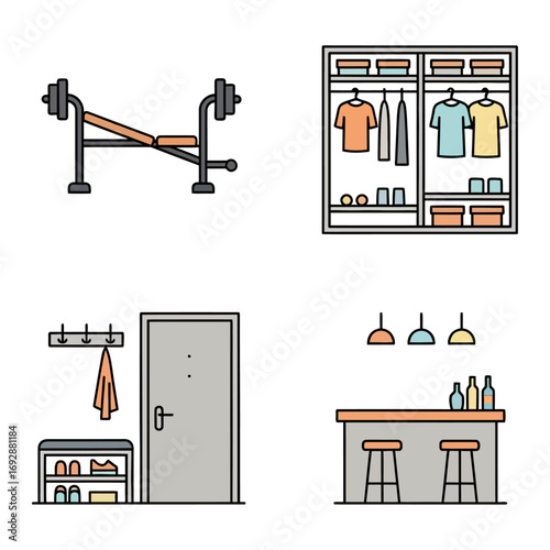 Illustration of a weight bench, closet, door with shoe rack, and bar with stools on a white background
