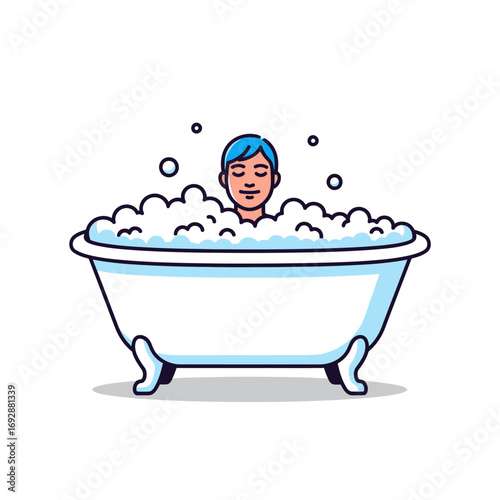 Illustration of a person with blue hair relaxing in a white bathtub full of soap bubbles on white