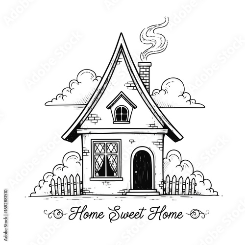 Charming illustrated house with chimney and clouds in sketch style  