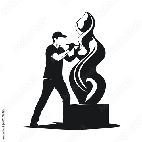 A silhouetted artist carefully chiseling a tall abstract sculpture in a monochrome vector illustration