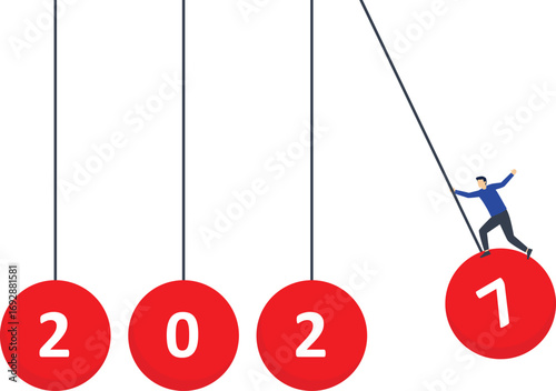 Leadership in setting a plan or course for business development in 2027, motivation in achieving goals in future year, determination for great success or heights, man launches 2026 balloons into work.