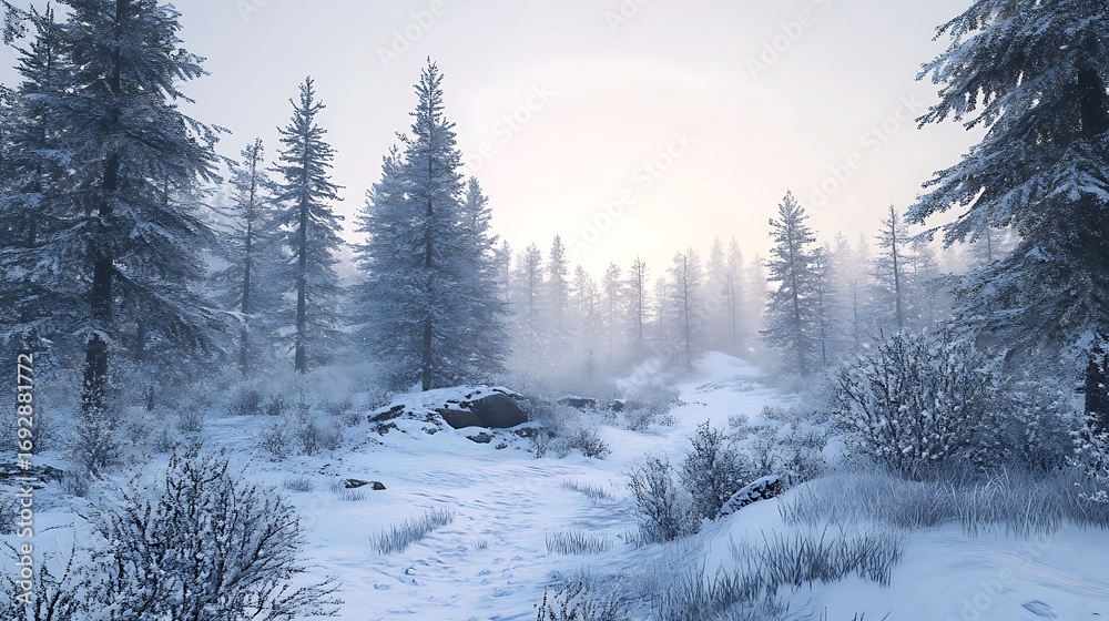 Obraz premium Winter forest scene with snow covered trees creating a serene and frosty atmosphere photo