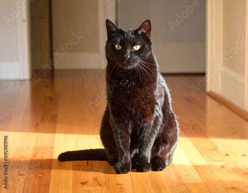 Black cat sitting on light wooden floor, sunlit