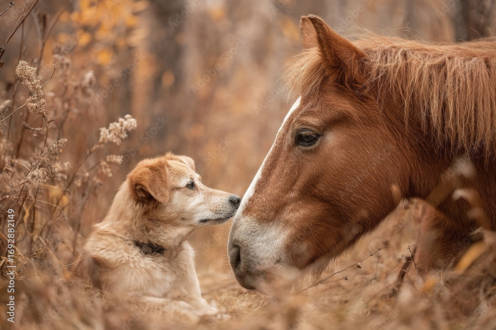 Obraz premium Close encounter between a dog and a horse in an autumn forest setting
