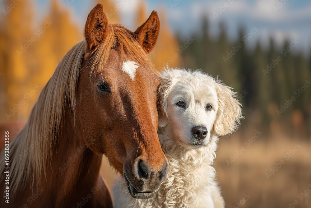 Obraz premium Cute horse and fluffy dog share a moment in a field during autumn with golden trees in the background