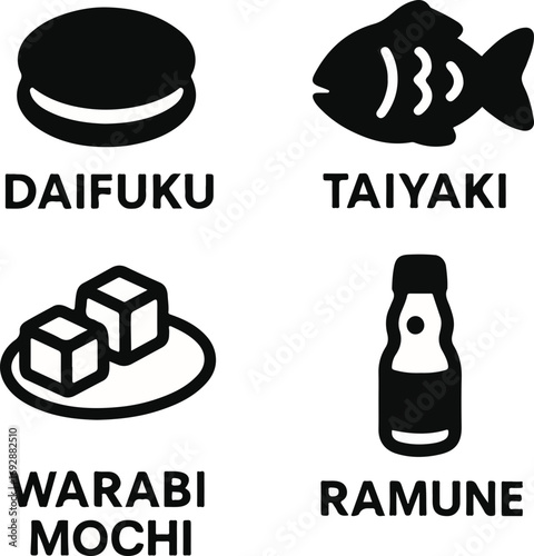 Four black and white icons representing popular Japanese snacks and drinks: Daifuku, Taiyaki, Warabi Mochi, and Ramune.