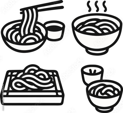Four simple black and white line art illustrations depicting various noodle dishes, including ramen in a steaming bowl, noodles with chopsticks, and cold noodles on a tray.