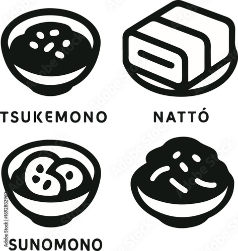 A grid of four minimalist black and white icons illustrating traditional Japanese side dishes: tsukemono, natto, and sunomono, served in bowls.