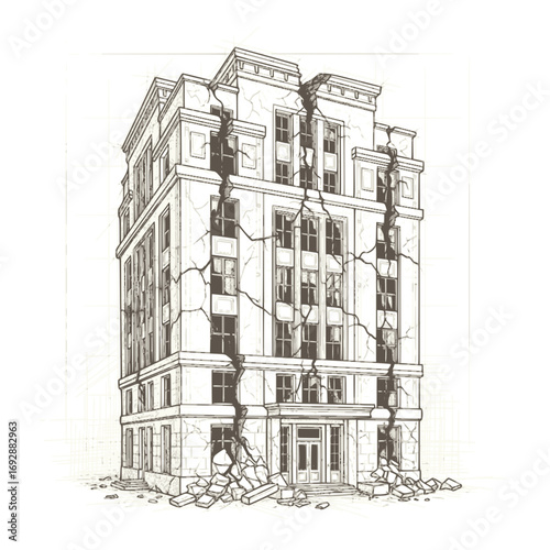 Cracked building illustration in sepia tones, for disaster, destruction concepts