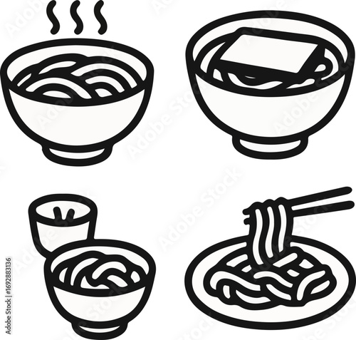 Four black and white line art illustrations of various noodle dishes, including hot soup noodles and stir-fried noodles with chopsticks.