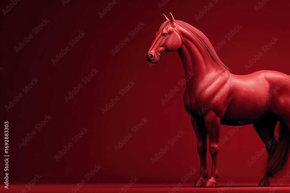 Fototapeta premium Red horse sculpture displayed against a dark red background highlighting its form and texture