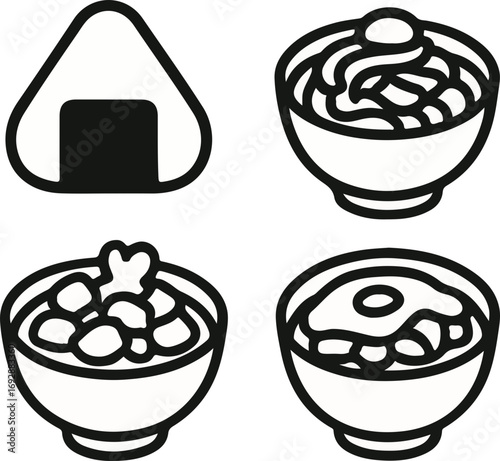 Black and white line art icons of various Japanese food items including an onigiri and three bowls of different dishes.