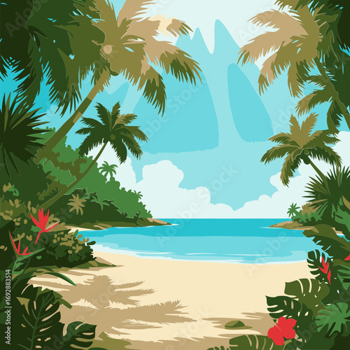 Tropical beach scene with lush vegetation and turquoise water. Palm trees frame a tranquil beach in vibrant hues of green and blue.