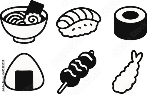 A collection of six simple black and white outline icons representing popular Japanese food dishes like ramen, sushi, onigiri, dango, and tempura.