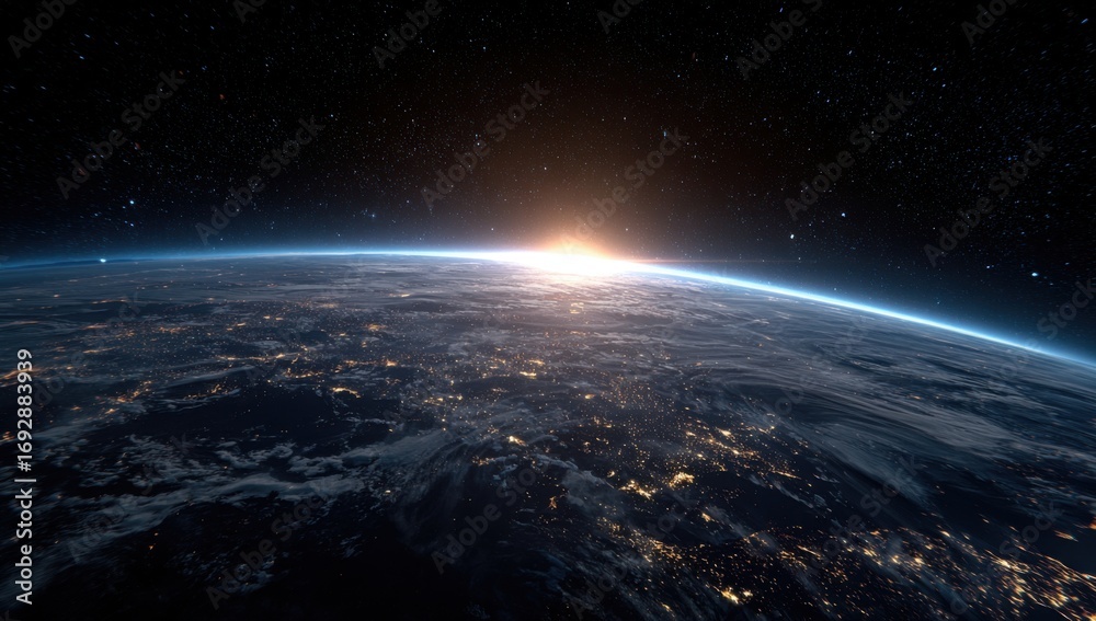 Naklejka premium Earth rising from space, sunrise